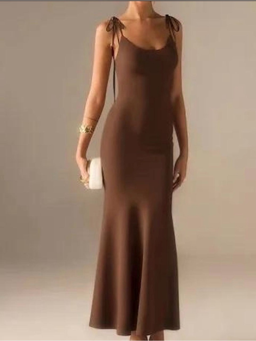 Commense Chocolate Brown Backless Tie-Shoulder Slip Dress